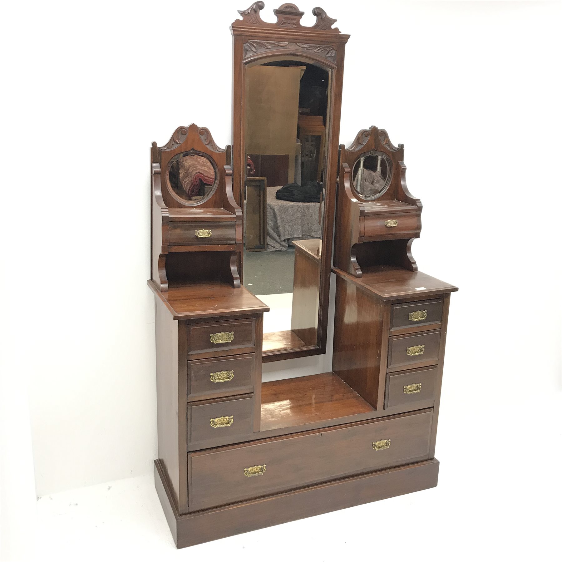 Edwardian walnut drop centre dressing chest with central cheval mirror, nine graduating drawers, pla - Image 3 of 3