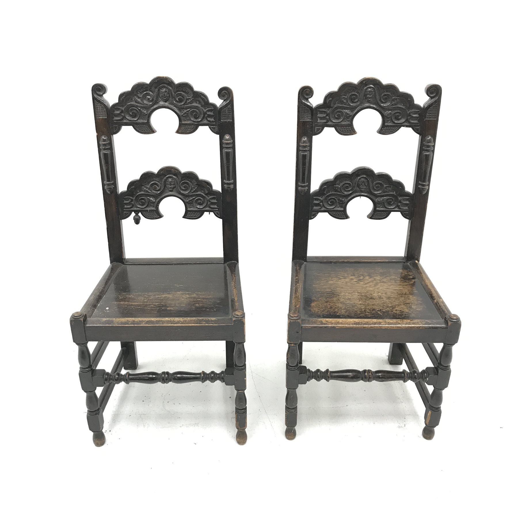 Pair 19th century Yorkshire/Derbyshire type oak hall chairs, detailed carved backs, solid seats, W50 - Image 2 of 4
