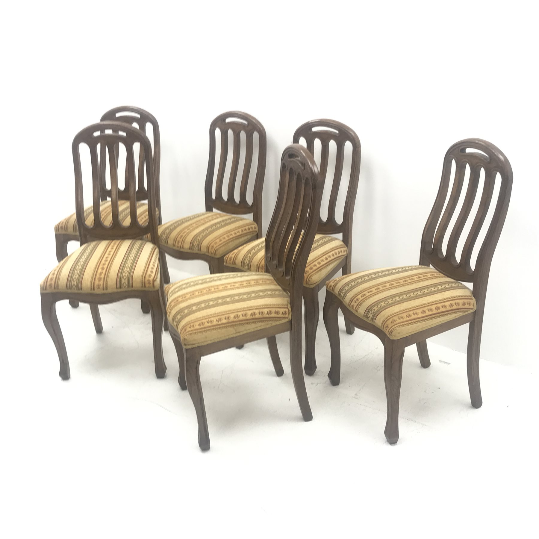 Set six hardwood chairs, shaped and pierced cresting rail, upholstered seat, cabriole legs, W48cm - Image 3 of 4