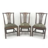 Three George III country elm dining chairs, shaped cresting rail, upholstered drop in seat, square s