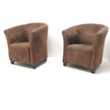 Pair tub shaped chairs upholstered in brown fabric, square tapering supports, W75cm