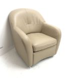 Tub armchair upholstered in a mocha leather with chrome supports, W80cm