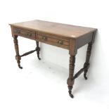 Edwardian mahogany side table, two drawers, turned supports joined by stretchers, W107cm, H73cm, D54