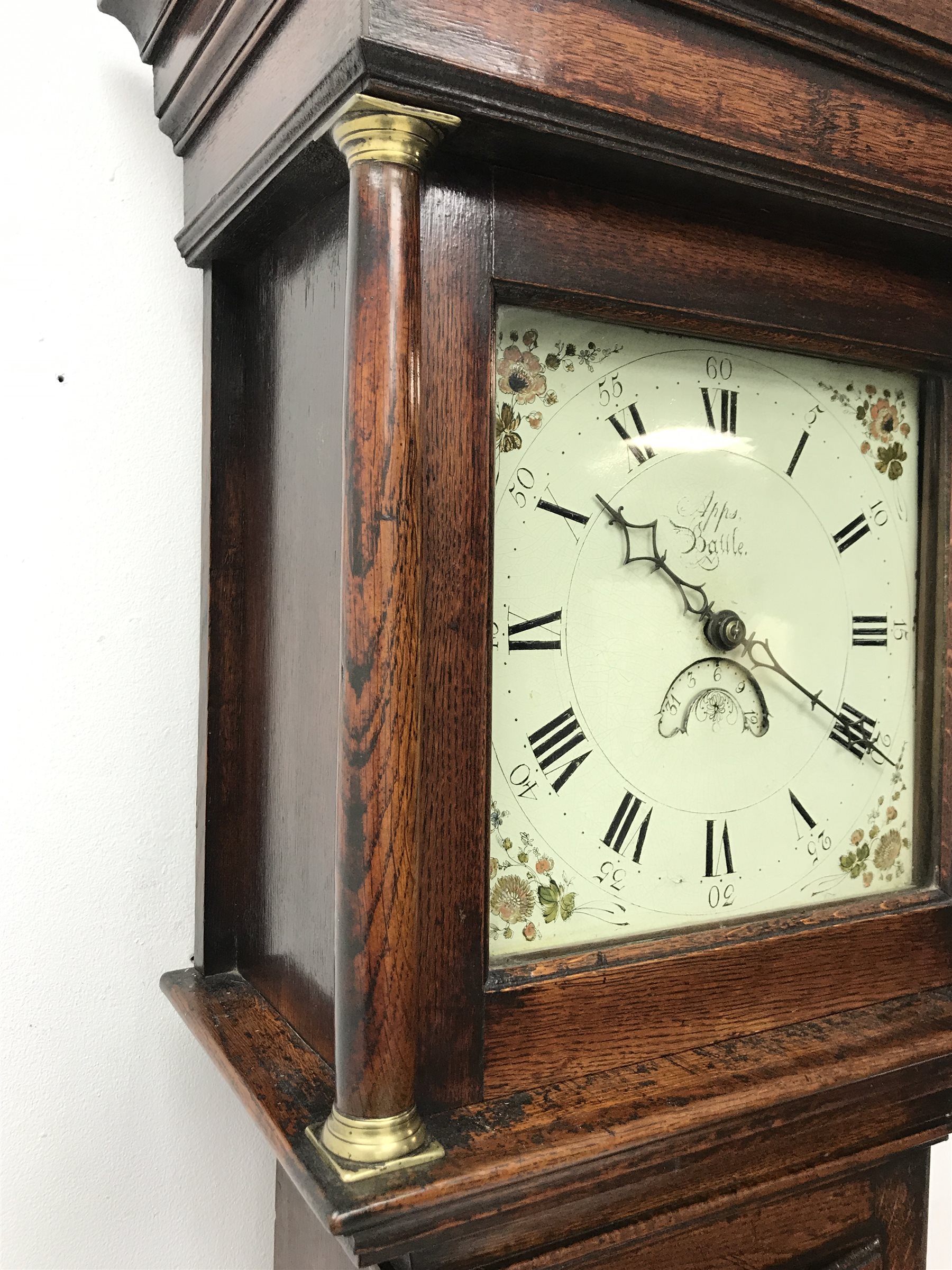 18th century oak cottage longcase clock, projecting cornice of square hood with column piasters, ena - Image 5 of 7