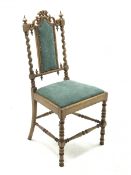 Victorian satinwood and beech bedroom chair, scroll carved cresting rail above upholstered back and