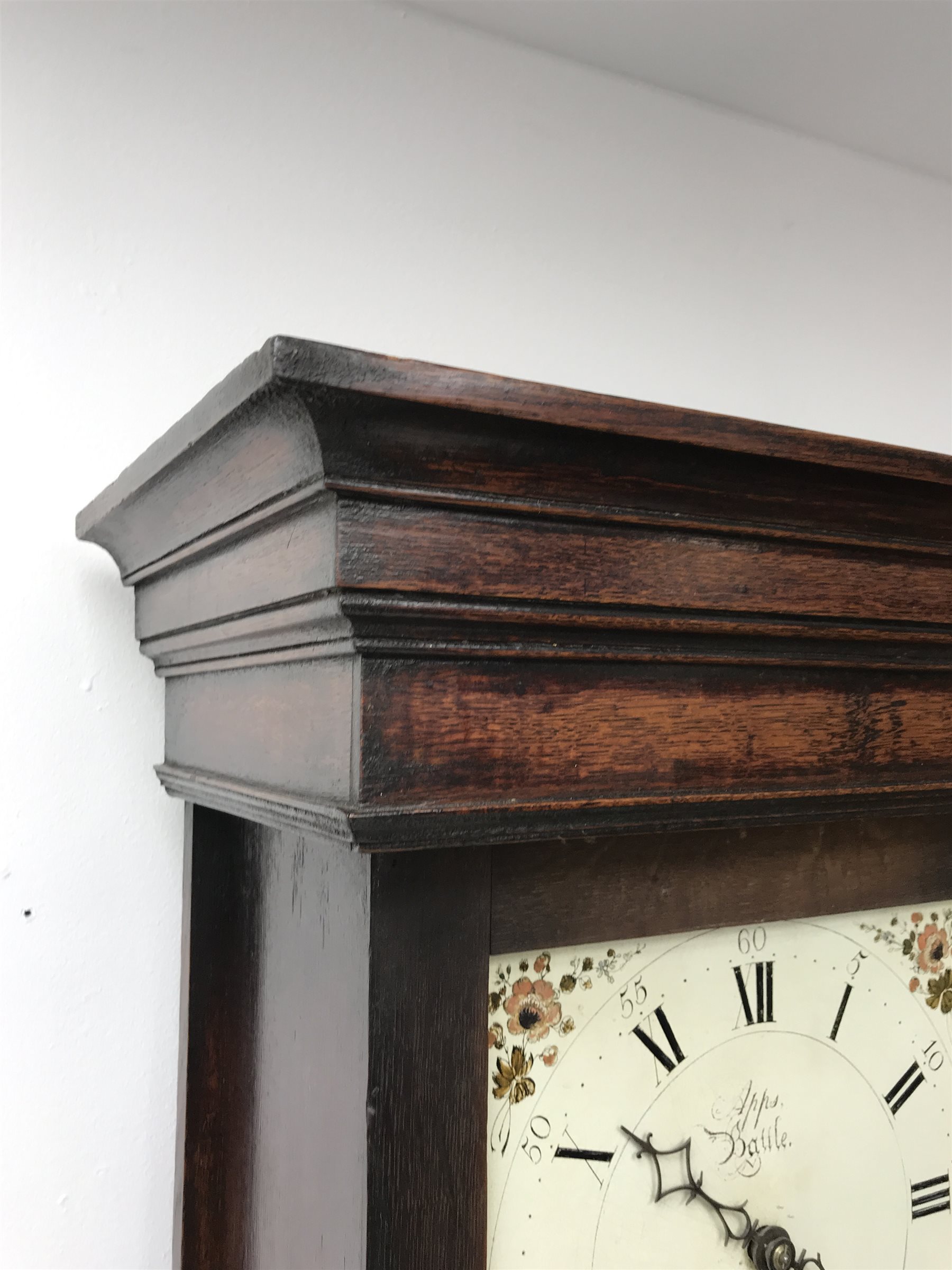 18th century oak cottage longcase clock, projecting cornice of square hood with column piasters, ena - Image 4 of 7