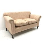 Early 20th century drop arm two seat sofa, scrolling arm, cabriole legs, W165cm