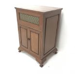 Chinese hardwood music cabinet, hinged lid above two doors enclosing single shelf, shaped bracket su