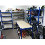 Three blue framed five tier storage shelves (W90cm, H179cm, D30cm) a single blue framed two tier wor
