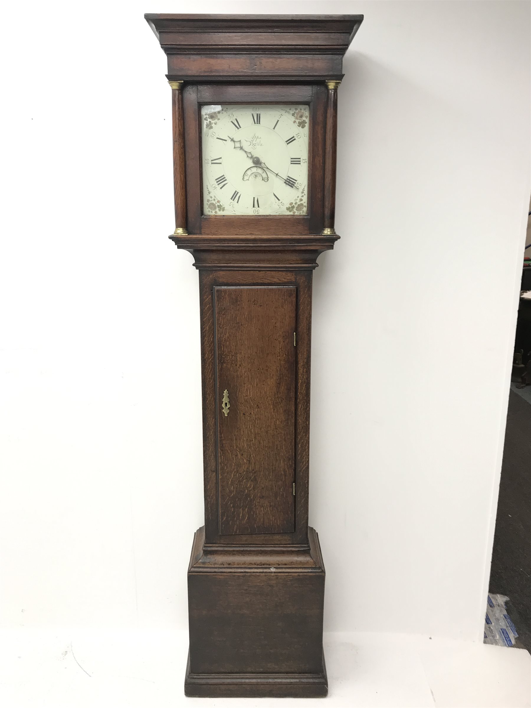 18th century oak cottage longcase clock, projecting cornice of square hood with column piasters, ena - Image 2 of 7