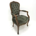 French style walnut framed armchair, carved shaped cresting rail, buttoned upholstered back seat and