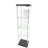 Square glass display cabinet, single hinged door enclosing three shelves, W43cm, H164cm, D37cm