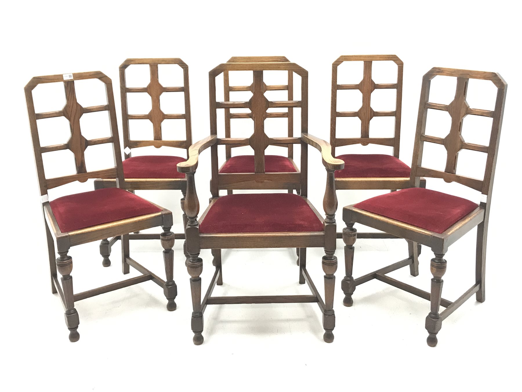 Set six (5+1) early 20th century oak dining chairs, upholstered drop in seat, turned supports joined