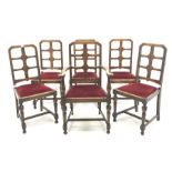 Set six (5+1) early 20th century oak dining chairs, upholstered drop in seat, turned supports joined