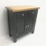 Oak and painted finish side cabinet, two drawers above two cupboards, stile supports, W75cm, H81cm,