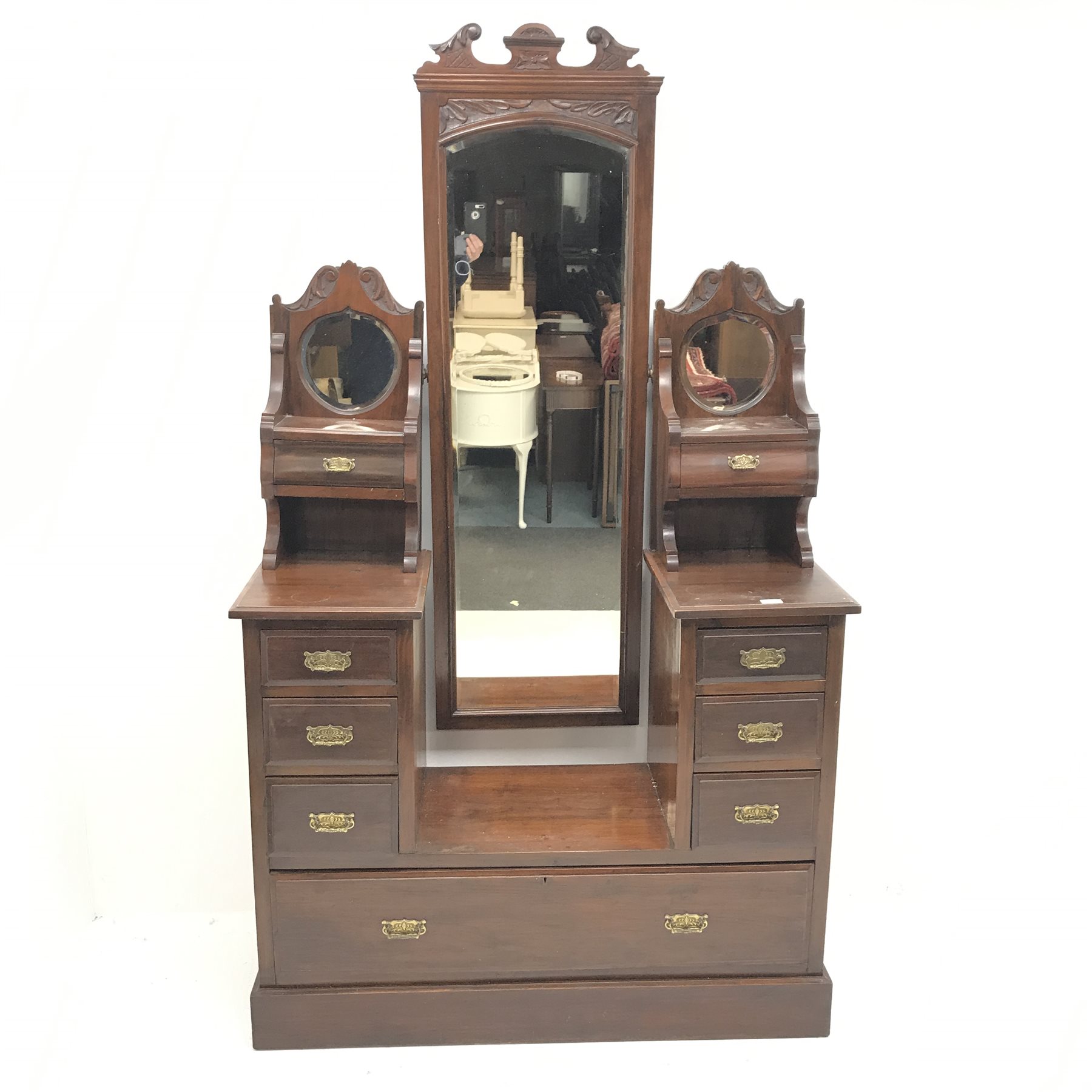 Edwardian walnut drop centre dressing chest with central cheval mirror, nine graduating drawers, pla - Image 2 of 3