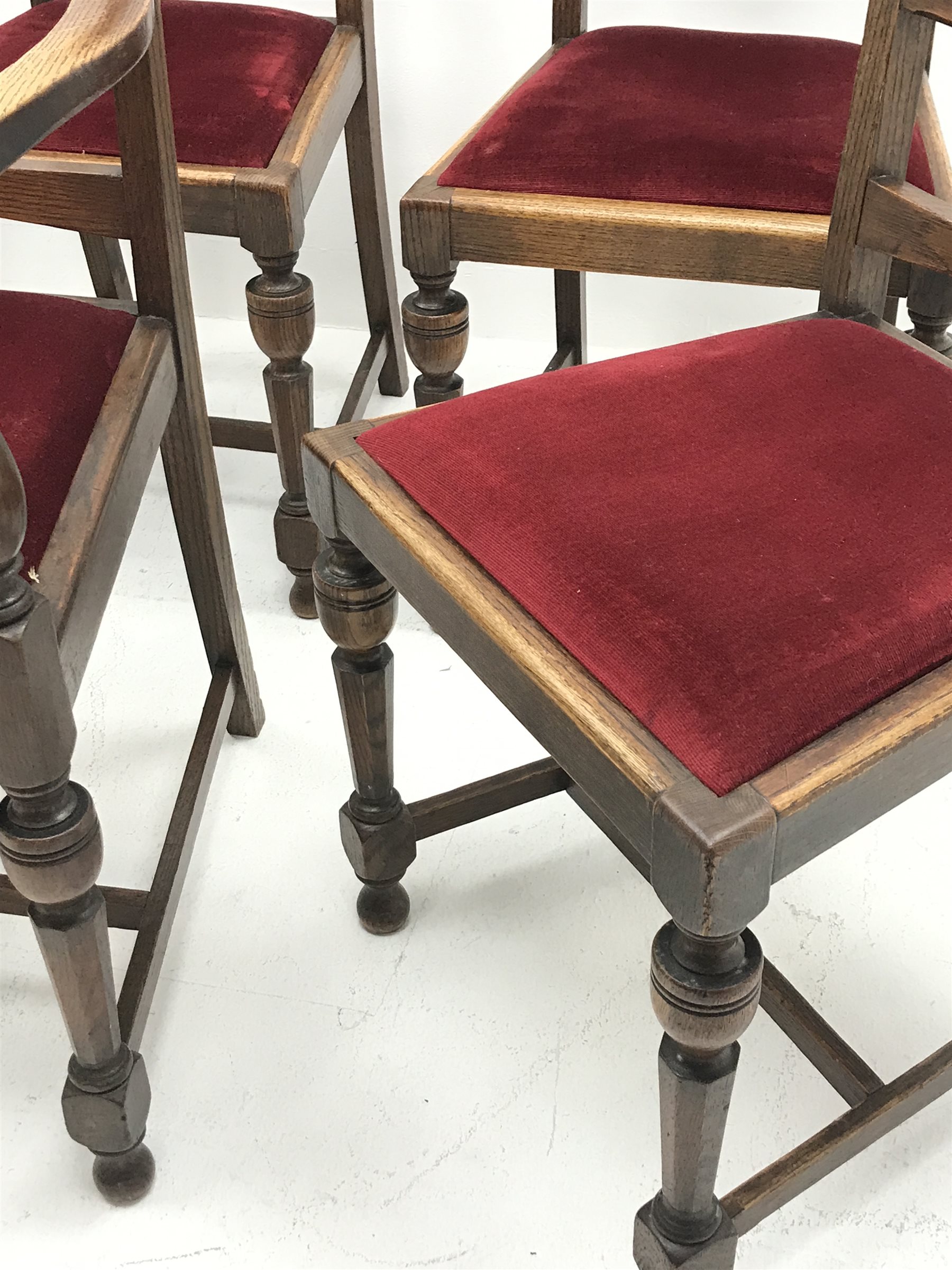 Set six (5+1) early 20th century oak dining chairs, upholstered drop in seat, turned supports joined - Image 4 of 4