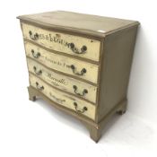 Painted serpentine chest, four drawers, ogee supports, W75cm, H73cm, D44cm