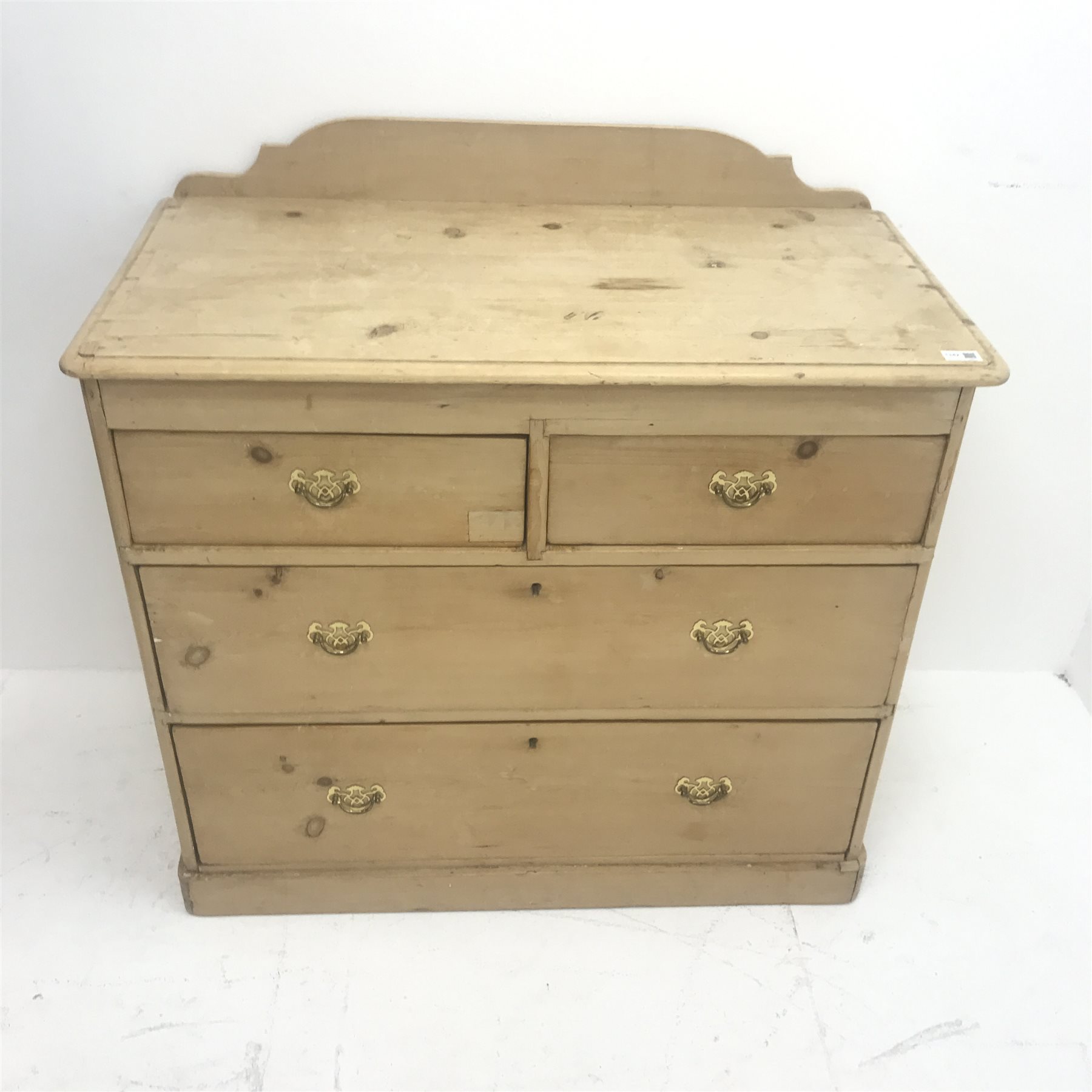 Victorian stripped pine chest, raised shaped back, two short and two long drawers, plinth base, W96c - Image 2 of 4