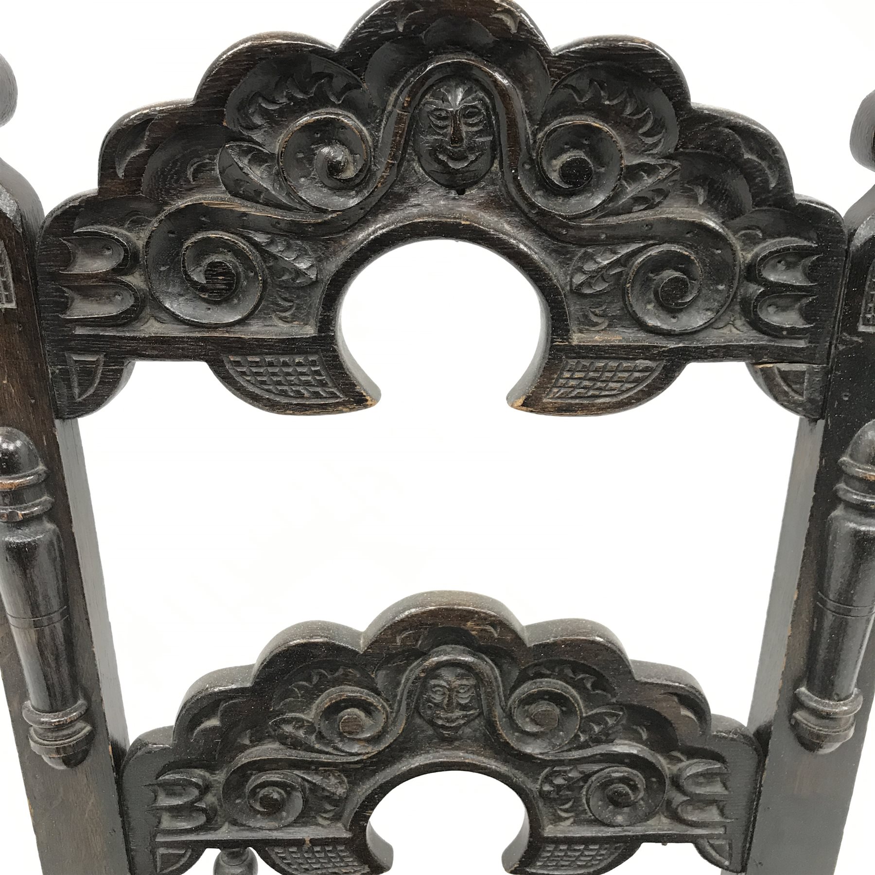 Pair 19th century Yorkshire/Derbyshire type oak hall chairs, detailed carved backs, solid seats, W50 - Image 4 of 4