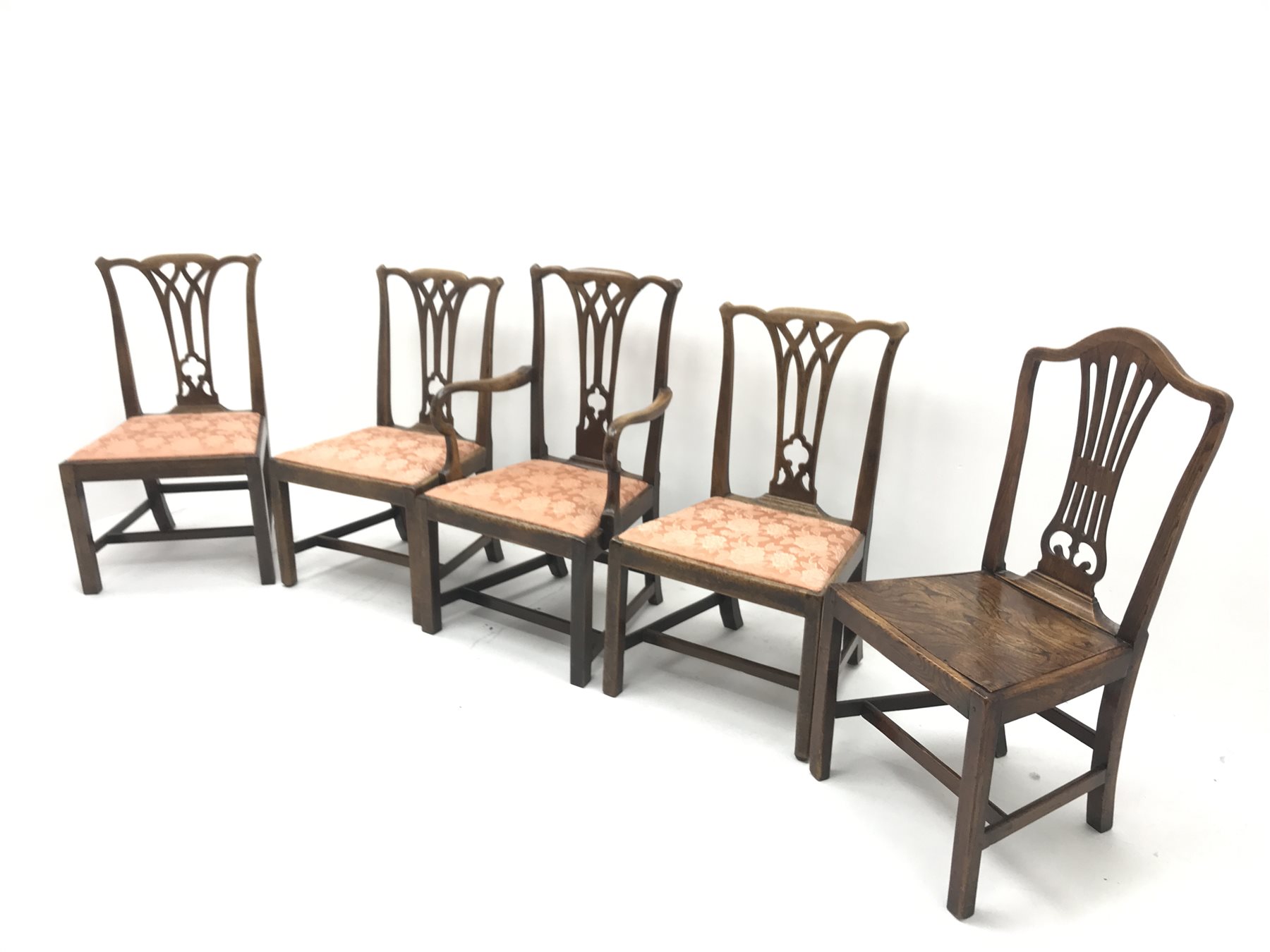 Set four Victorian mahogany dining chairs, shaped cresting rail and pierced splat, upholstered seat, - Image 3 of 3