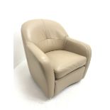 Tub armchair upholstered in a mocha leather with chrome supports, W80cm