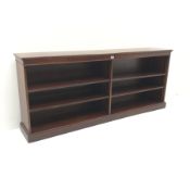 20th century mahogany open bookcase, dentil frieze, four adjustable shelves, platform base, W182cm,