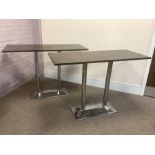 Two tall rectangular top café bistro tables on polished metal bases, 150cm x 60cm, H105cm