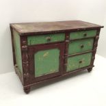 Victorian painted pine dresser base, four graduating drawers, single cupboard, turned supports, W135