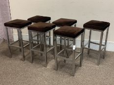 Six tall upholstered stools with polished metal bases, 37cm x 37cm, H75cm