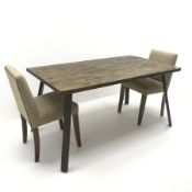 Rustic hardwood dining table, four out splayed tapering supports (W150cm, H77cm, D86cm) and two upho