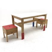 Rectangular pine framed table, white top, red feet (W101cm, H61cm, D61cm) and two stool with red sea