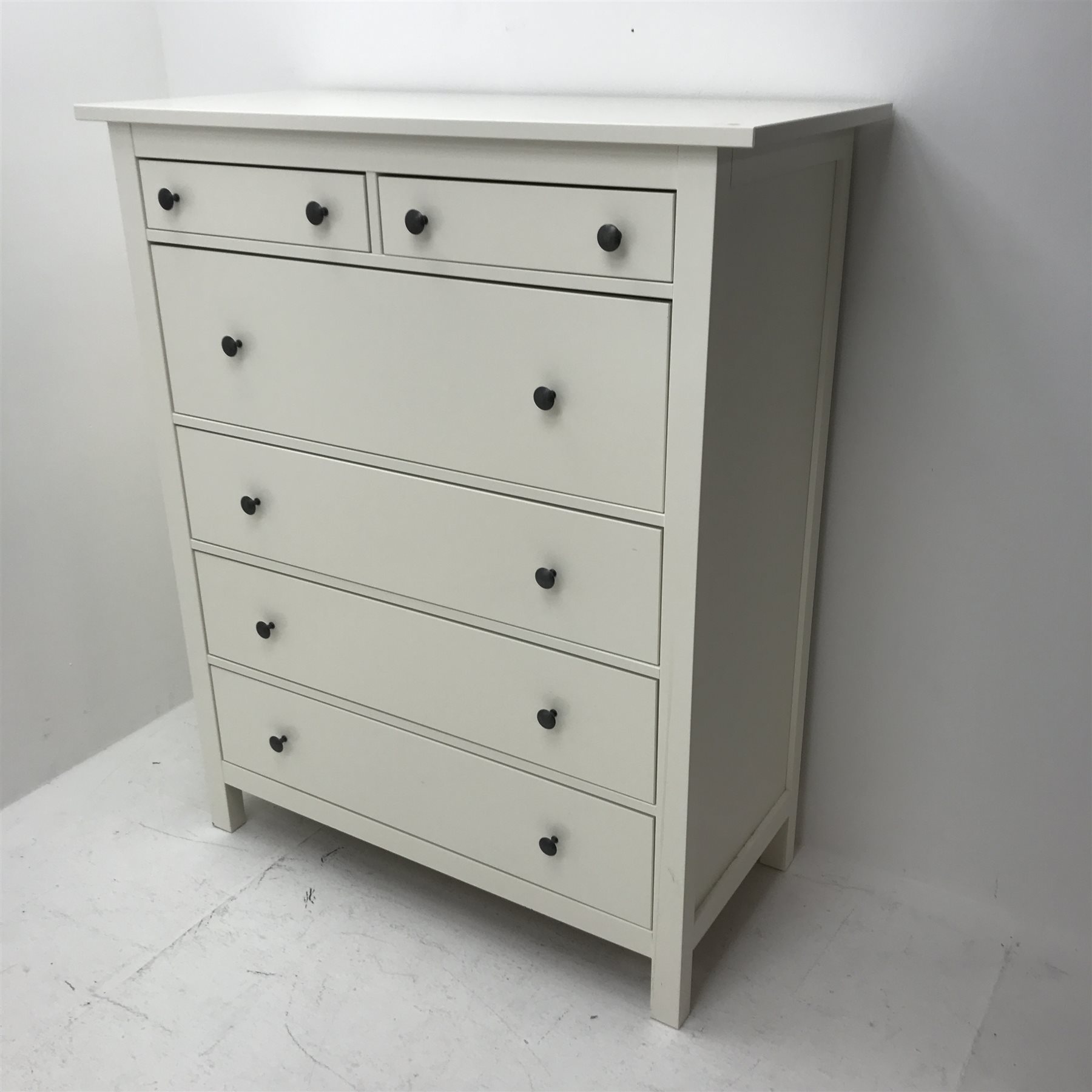 Ikea chest, two short and four graduating drawers, white painted finish, stile supports, W111cm, H13