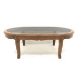 Chinese rosewood coffee table with inset glass top, cabriole legs, W123cm, H41cm, D62cm