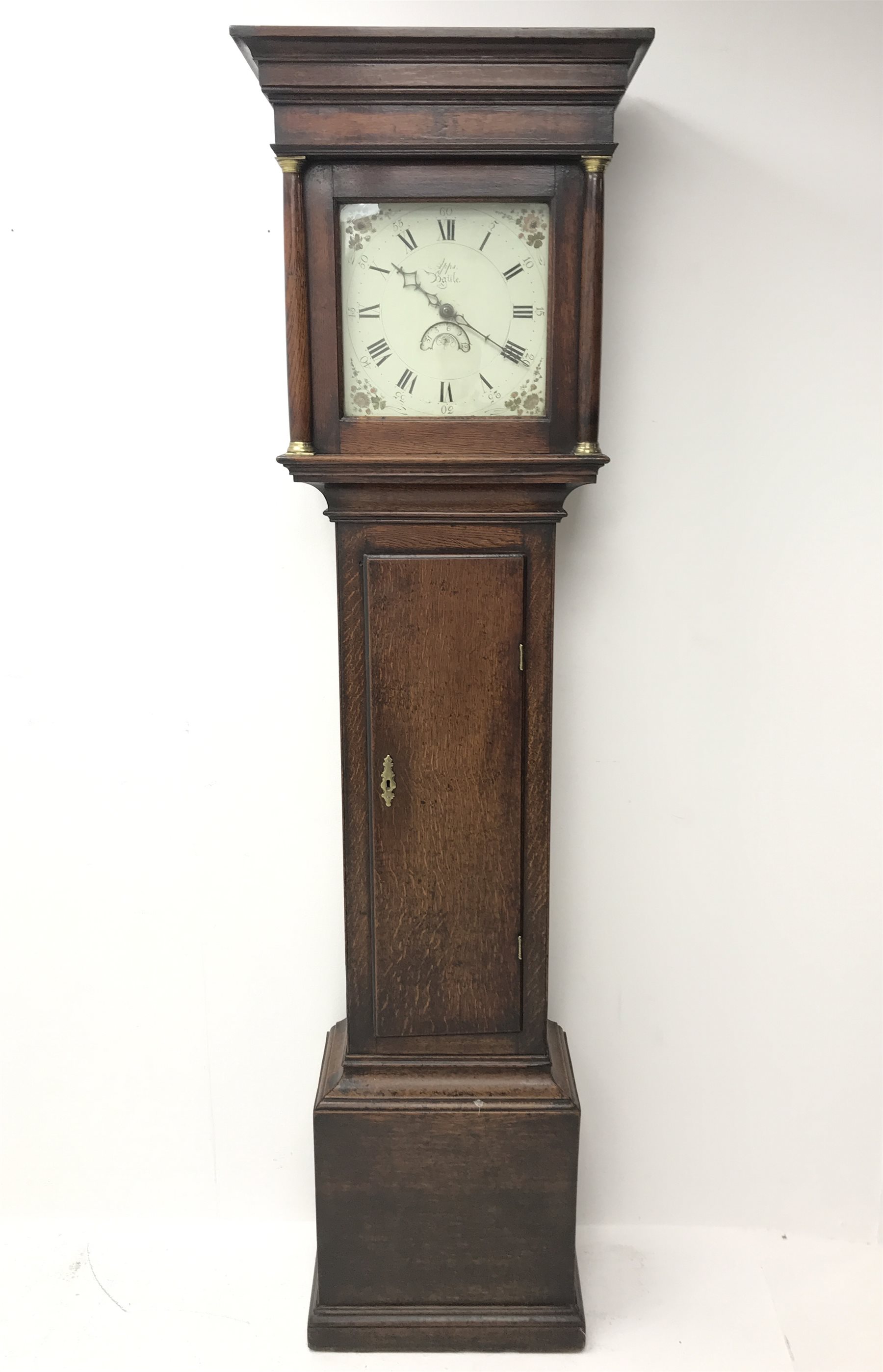 18th century oak cottage longcase clock, projecting cornice of square hood with column piasters, ena