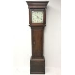 18th century oak cottage longcase clock, projecting cornice of square hood with column piasters, ena