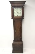 18th century oak cottage longcase clock, projecting cornice of square hood with column piasters, ena