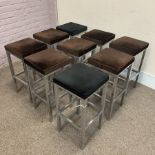 Nine tall upholstered stools with polished metal bases, 37cm x 37cm, H75cm