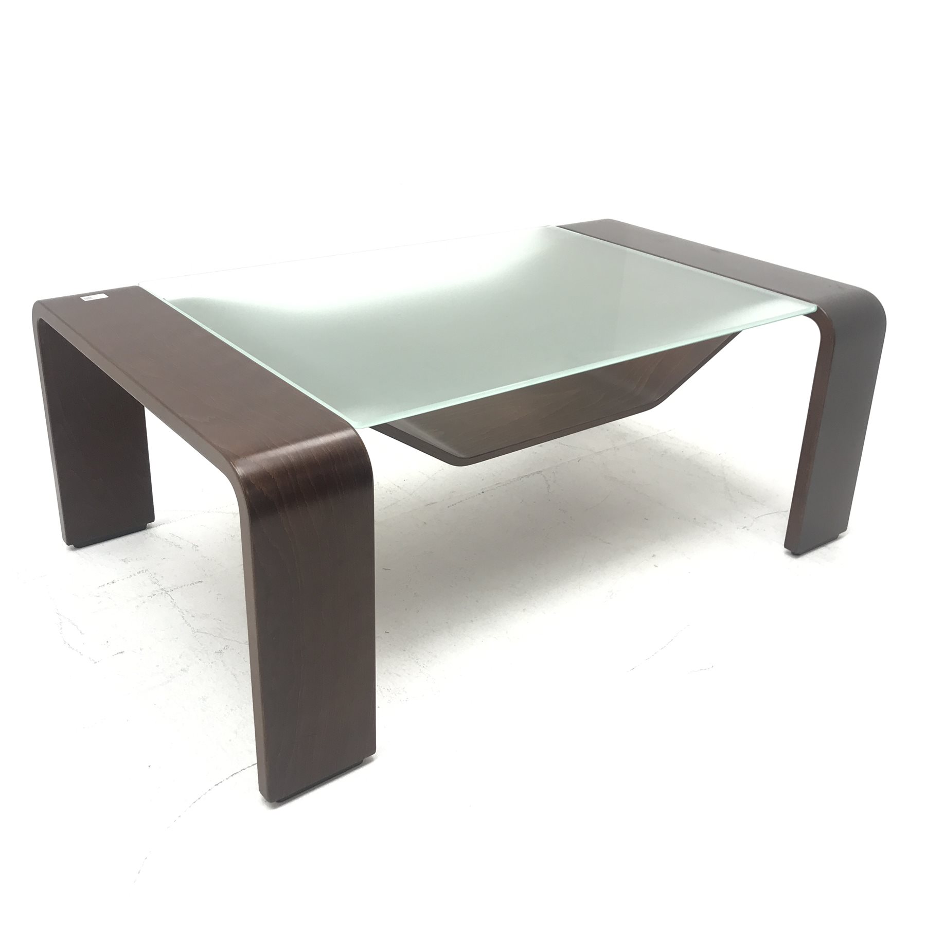 Stressless Pegasus birch coffee table by Ekornes, glass top, shaped support, W49cm, H63cm, D39cm