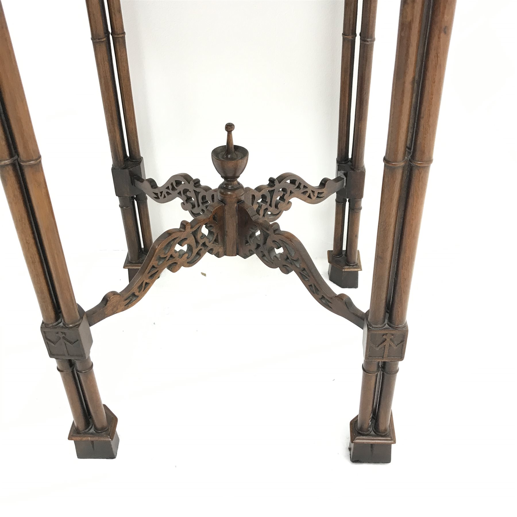 Chippendale style mahogany fretwork stand, single slide, turned supports joined by pierced stretcher - Image 3 of 3