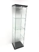 Square glass display cabinet, single hinged door enclosing three shelves, W43cm, H164cm, D37cm