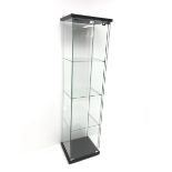 Square glass display cabinet, single hinged door enclosing three shelves, W43cm, H164cm, D37cm