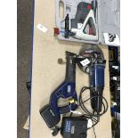 A quantity of hand tools including a Ferm FAG-230 angle grinder, a MacAllister reciprocating saw, a