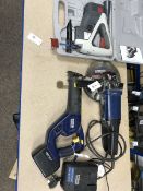 A quantity of hand tools including a Ferm FAG-230 angle grinder, a MacAllister reciprocating saw, a