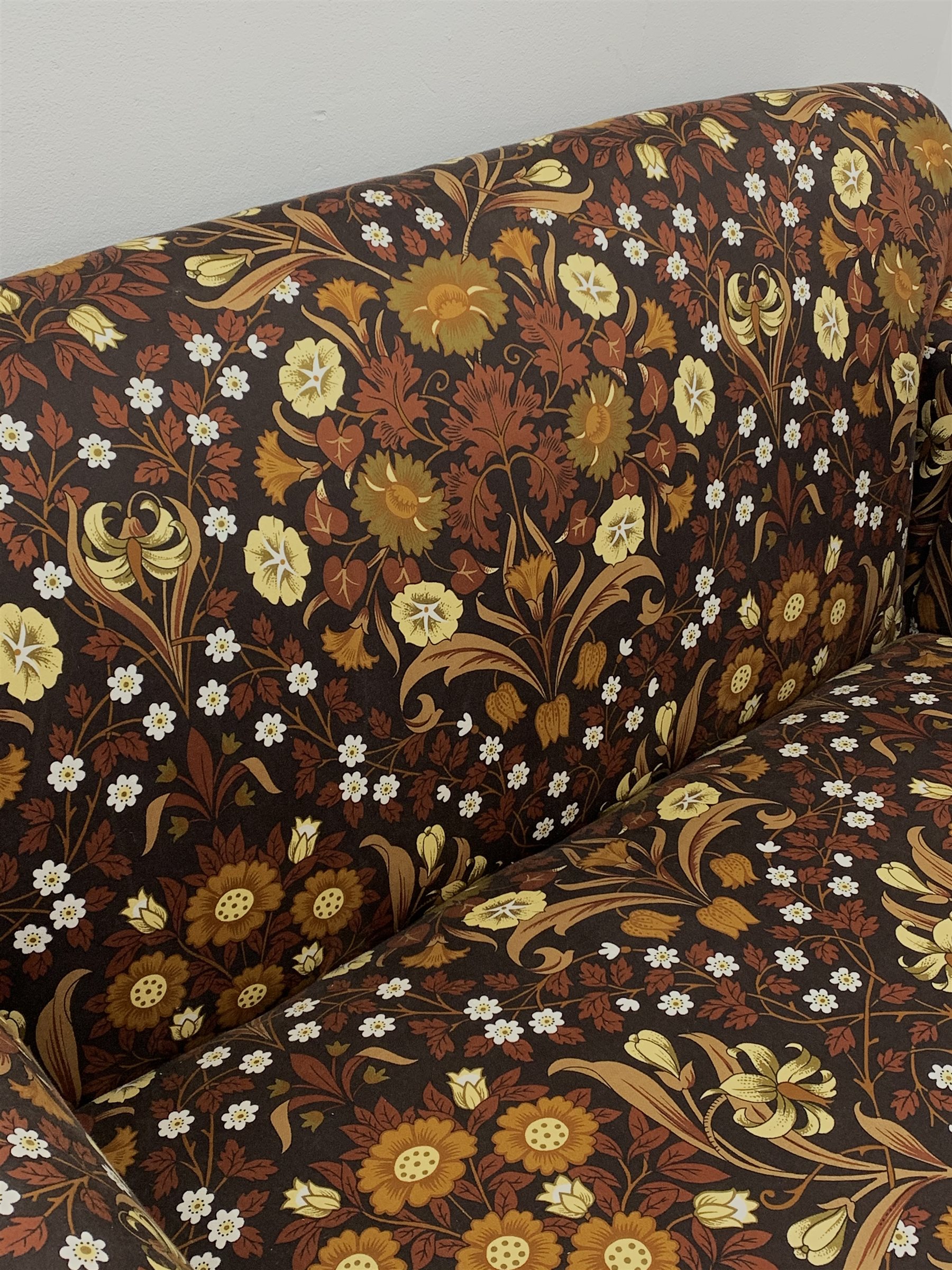 Early 20th century two seat drop end settee upholstered in Willam Morris style patterned fabric, tur - Image 3 of 4