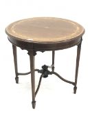 Edwardian mahogany centre table, circular moulded top with satinwood band and inlaid with floral and