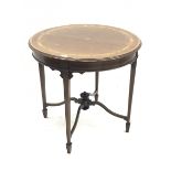 Edwardian mahogany centre table, circular moulded top with satinwood band and inlaid with floral and