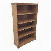 Georgian style mahogany open bookcase, dentil frieze, four shelves, platform base, W94cm, H154cm, D3