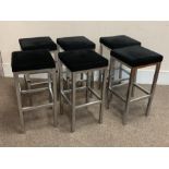 Six tall upholstered stools with polished metal bases, 37cm x 37cm, H75cm