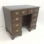 Georgian style mahogany kneehole 'dog kennel' desk, blue leather inset top, two long and six short d